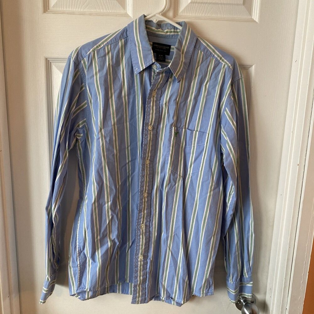 American Eagle Men’s Button Up Shirt Size Medium Blue Striped Long Sleeve